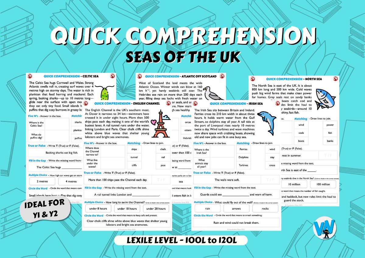 VocabularyNinja's tweet image. 🥷 NEW - Quick Comps - Topic Bundles 📚📝

💻 - bit.ly/43Cp71B

📚 Each bundle had 5 unique texts and questions
📙 Original non-fiction texts
📈 Text levelled via Lexile Levels.
⏰ Complete in 10-15 minutes

#reading #comprehension #teacherresources #primaryteacher