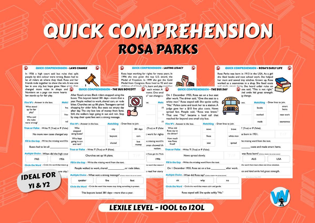 VocabularyNinja's tweet image. 🥷 NEW - Quick Comps - Topic Bundles 📚📝

💻 - bit.ly/43Cp71B

📚 Each bundle had 5 unique texts and questions
📙 Original non-fiction texts
📈 Text levelled via Lexile Levels.
⏰ Complete in 10-15 minutes

#reading #comprehension #teacherresources #primaryteacher
