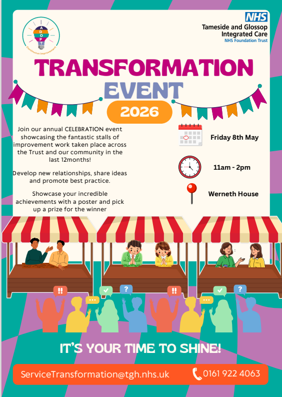 Tameside_STT's tweet photo. 👀❗️ SAVE THE DATE  FRIDAY 8TH MAY ❗️👀
Just over one week to go until our annual celebration event. We’d love to see you there..

Come and join us to find out more about some of the great Transformation work going on across our Trust! https://t.co/eFOg3zkwd6