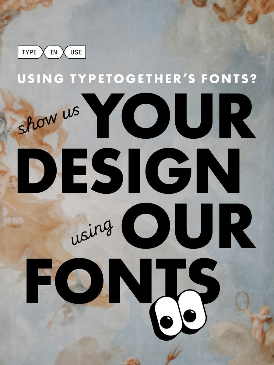 TypeTogether's tweet image. Your design, our fonts /// Show us your work – especially multiscript typography. If we pick yours, you get a voucher for 50% off any type family licence in our catalog. Win-win, right?

Mail to: typeinuse (at) type-together.com

#typography #fonts #graphicdesign #typeinuse
