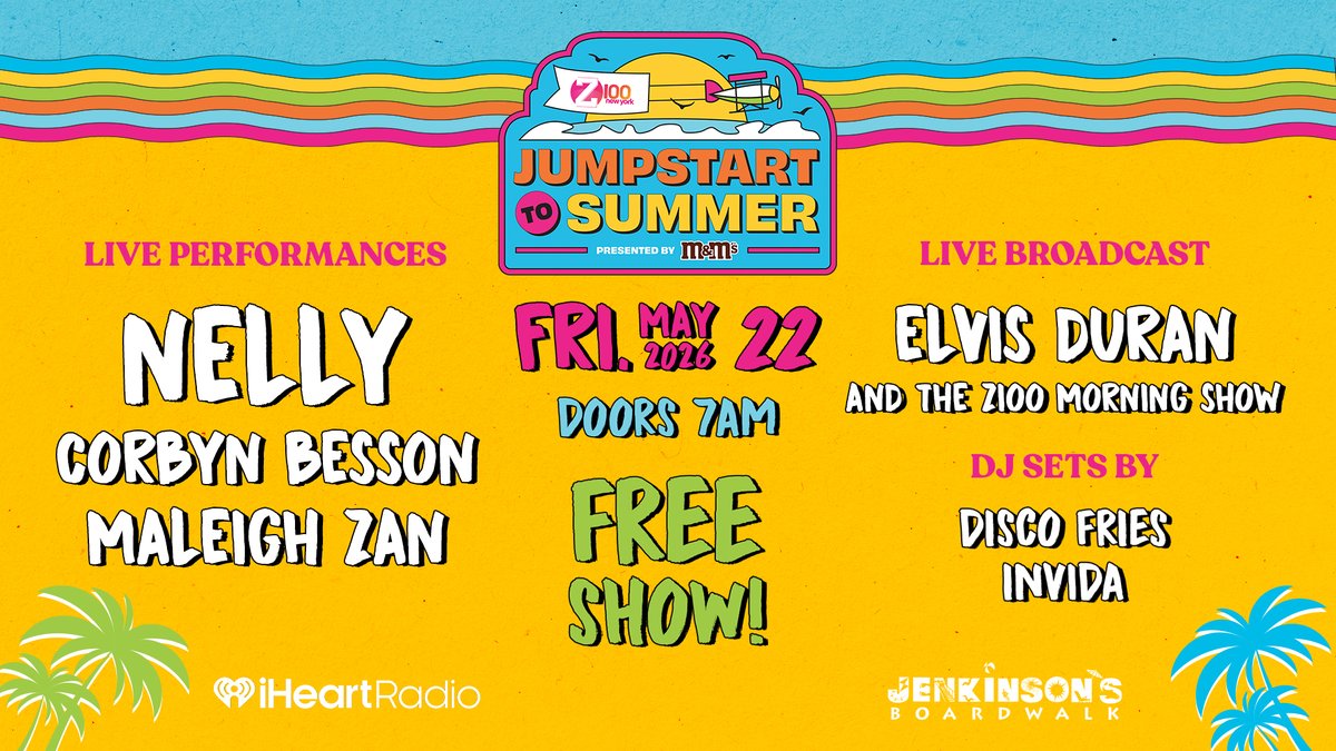 Z100NewYork's tweet photo. It’s getting hot in here! 🔥 #Z100JumpstartToSummer presented by @mmschocolate is back Friday May 22 at @jenksboardwalk! Check out our incredible lineup, starring Nelly, @corbynbesson, @maleighzan, and more! And the best part? It’s totally FREE! Save the date, and we’ll see you at The Shore. Kick off your Memorial Day Weekend the right way! 😎