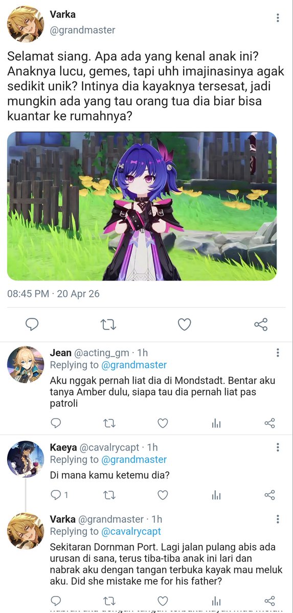 laternist's tweet photo. #varflins #knightlight long au

"Little Prune's Family"

Suatu hari ada anak kecil datang dan mengaku sebagai anak Varka dan Flins dari masa depan. Tapi mereka jadian aja belum?

1. first day https://t.co/nuNXqV9U41
