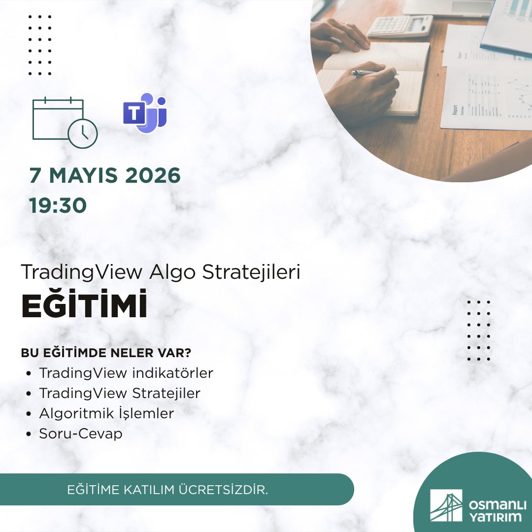 osmanlimenkul's tweet image. 📊''TradingView Algo Stratejileri'' Eğitimi 7 Mayıs 2026 tarihinde!

Sınırlı sayıda kontenjana sahip bu ücretsiz eğitime linkten kayıt oluşturabilirsiniz:

osmanlimenkul.com.tr/finansal-planl…

#TradingView #Algoritmikİşlem #eğitim #webinar