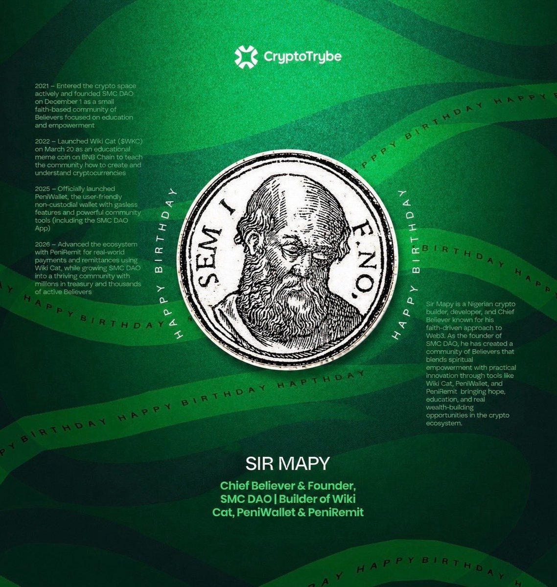 theCryptoTrybe's tweet photo. Today, we celebrate a builder of men and systems.

@sirmapy your work, your consistency, and your vision speak loudly.

Happy Birthday, Sir.
May this year bring greater clarity, stronger influence, and multiplied results.

Many are rising because you chose to build.

$WKC https://t.co/yGrbHc8vBH