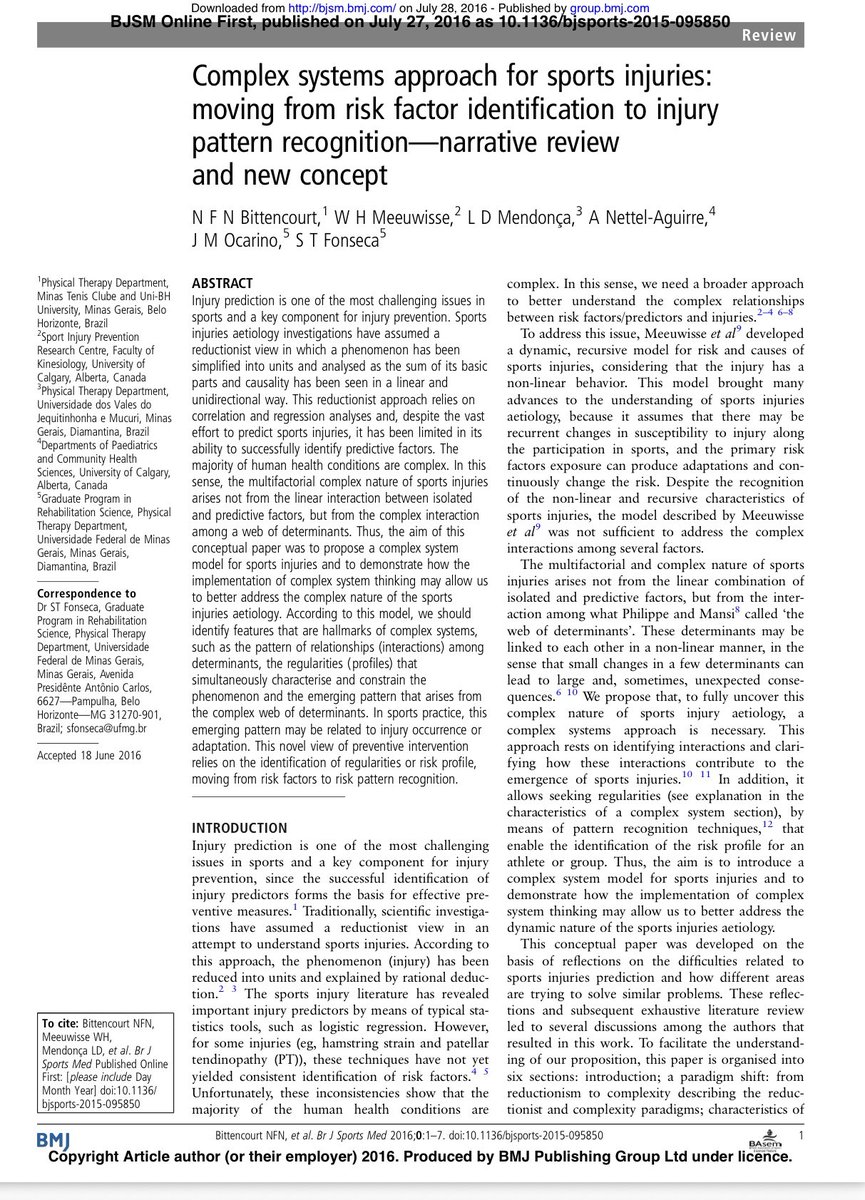 CoreyTwine's tweet photo. Injury mitigation cannot be owned by rehabilitation specialists alone, and it cannot be owned by medical doctors alone.

That is not a critique of either discipline. It is a recognition that injuries do not emerge from one isolated variable, and they are not solved by one isolated profession.

Bittencourt et al. describe sports injuries as complex emergent phenomena that arise from interactions across a web of determinants, including biomechanical, physiological, psychological, behavioral, training, and contextual factors. 

That matters for Human Performance.

If injury risk emerges from an interacting system, then injury mitigation requires an integrated team. Rehab matters. Medicine matters. Strength and conditioning matters. Nutrition matters. Psychology matters. Coaching matters. Preparation matters.

The vulnerability comes when organizations assign injury mitigation only to the people who manage the injury after it occurs, while failing to integrate the disciplines that influence the conditions that made the injury more likely.

Bittencourt et al. argue that prevention must move from isolated risk factor identification toward risk profile and injury pattern recognition. In other words, the question is not only, “What is injured?” The better question is, “What pattern allowed this risk to emerge?”

That is where readiness lives.

Readiness is not just the absence of pain, pathology, or injury. It is the ability to prepare, tolerate, recover, adapt, and perform under demand.

That is the difference between treating injuries and protecting readiness.