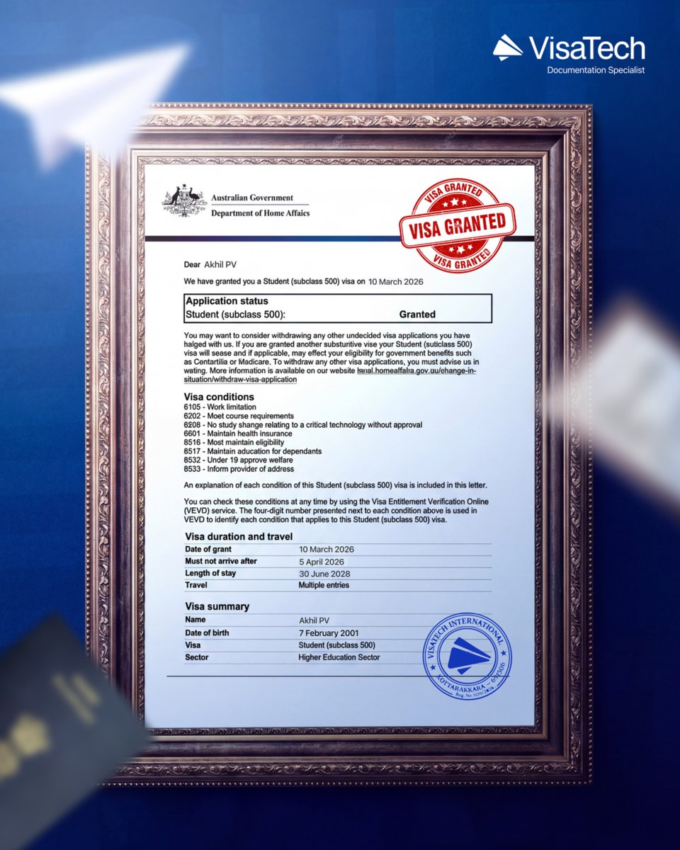 VisaTech_India's tweet image. Name : Akhil PV
Age     : 25
Place  : Ernakulam
Another success story added to the VisaTech family,Seeing a "VISA GRANTED" stamp is the best reward for our team's commitment to providing strong documentation and expert guidance

#visa #VisaSupport #visaservices #visadocumentation