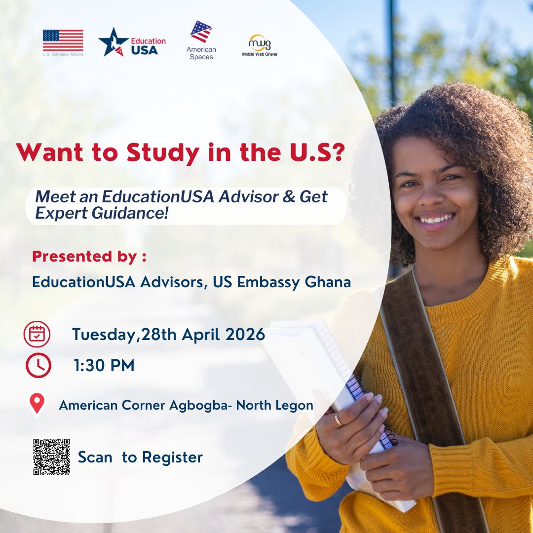 MobileWebGhana's tweet image. Planning to study in the U.S.?

Join our EducationUSA Info Session for clear guidance on applications, schools, and funding.

28 May 2026 | 1:30 PM

Registyer here : whatsapp.com/channel/0029Vb…

#educationusa #studyintheusa #studyabroad #mobilewebghana