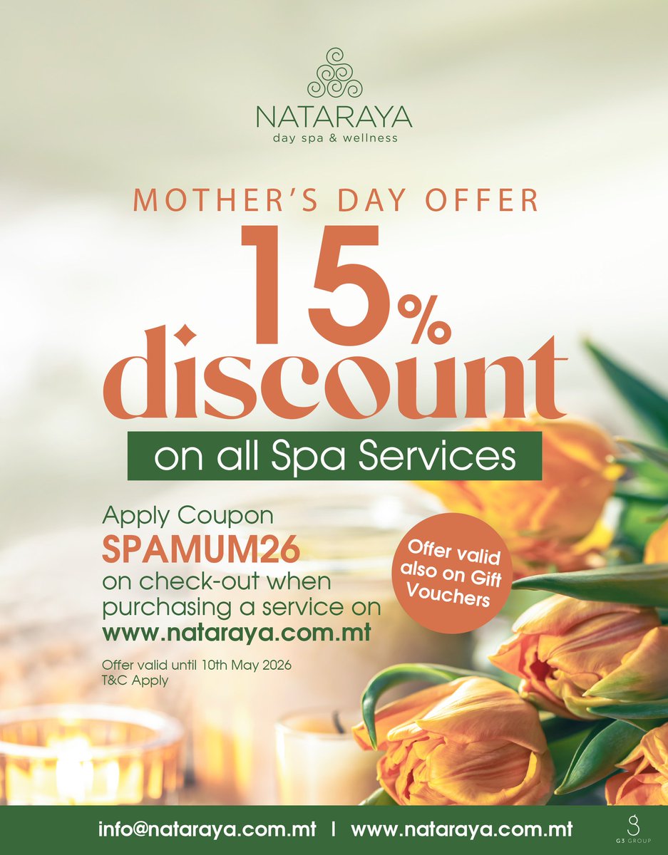 SolanaHotelSpa's tweet image. 🌷 Mother’s Day Offer ❣️
✨15% OFF✨ en spa services at Nataraya

Use code 𝐒𝐏𝐀𝐌𝐔𝐌𝟐𝟔
🎁 Also valid on gift vouchers
⏳ Until 10 May

📍 Mellieha
🌐 nataraya.com.mt

#MothersDay #Spa #Malta