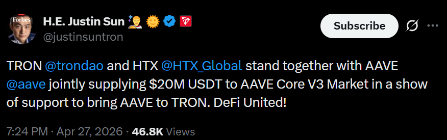 blckchaindaily's tweet photo. 🚨BREAKING: JUSTIN SUN SAYS TRON DAO, HTX TO SUPPLY $20M IN $USDT TO AAVE CORE V3 TO BRING $AAVE TO TRON https://t.co/OqqNdOjdS1