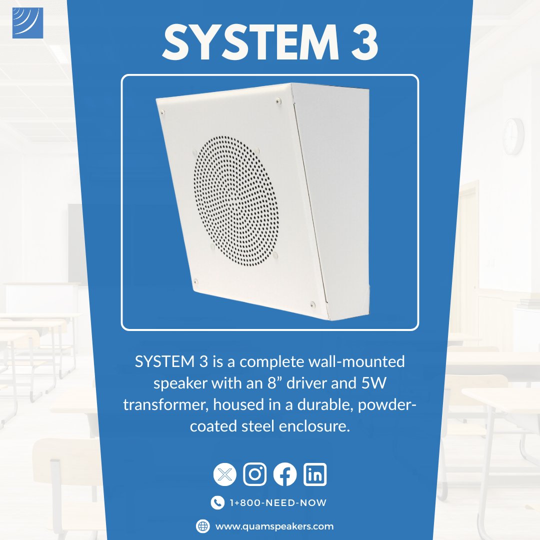 QuamNichols's tweet image. SYSTEM 3 is a wall-mounted loudspeaker system with 8” driver, 5W transformer, and steel baffle enclosure with white powder-coated finish. ow.ly/fjpU50YQ0fw

#KnowQuam #QuamSpeakers #QuamLoudspeakers #QuamReliability #QuamExperience #ProblemSolver