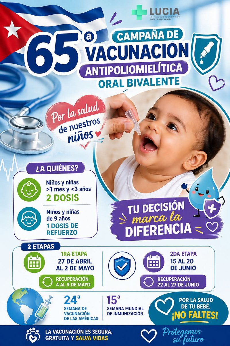 👧👦 Hoy arranca la primera fase de la Campaña de Vacunación contra la poliomielitis. 

#CubaPorLaVida #CubaEsSalud