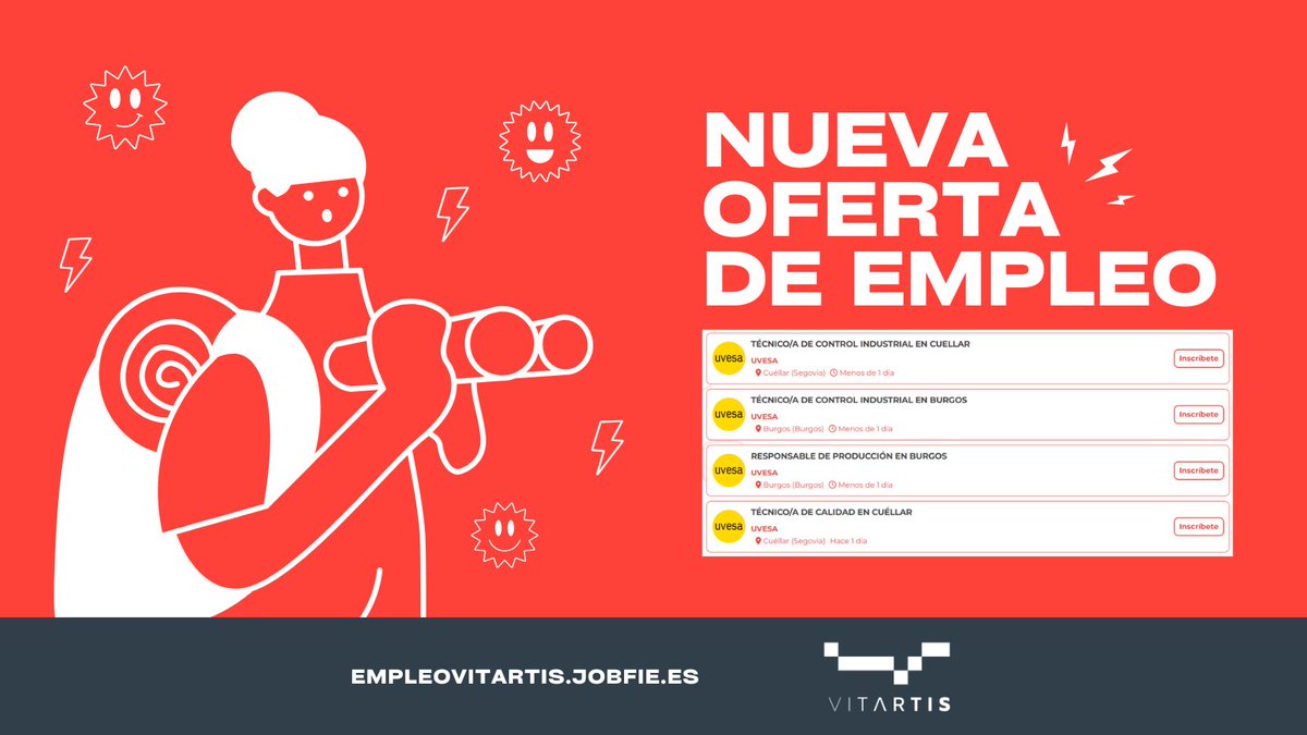 Vitartis's tweet image. 💼 Nuevas oportunidades en el #PortalEmpleoVitartis

@Grupo_Uvesa incorpora nuevos perfiles en #Segovia y #Burgos en áreas como calidad, producción y control industrial.

Consulta todas las ofertas aquí 🔗 empleovitartis.jobfie.es