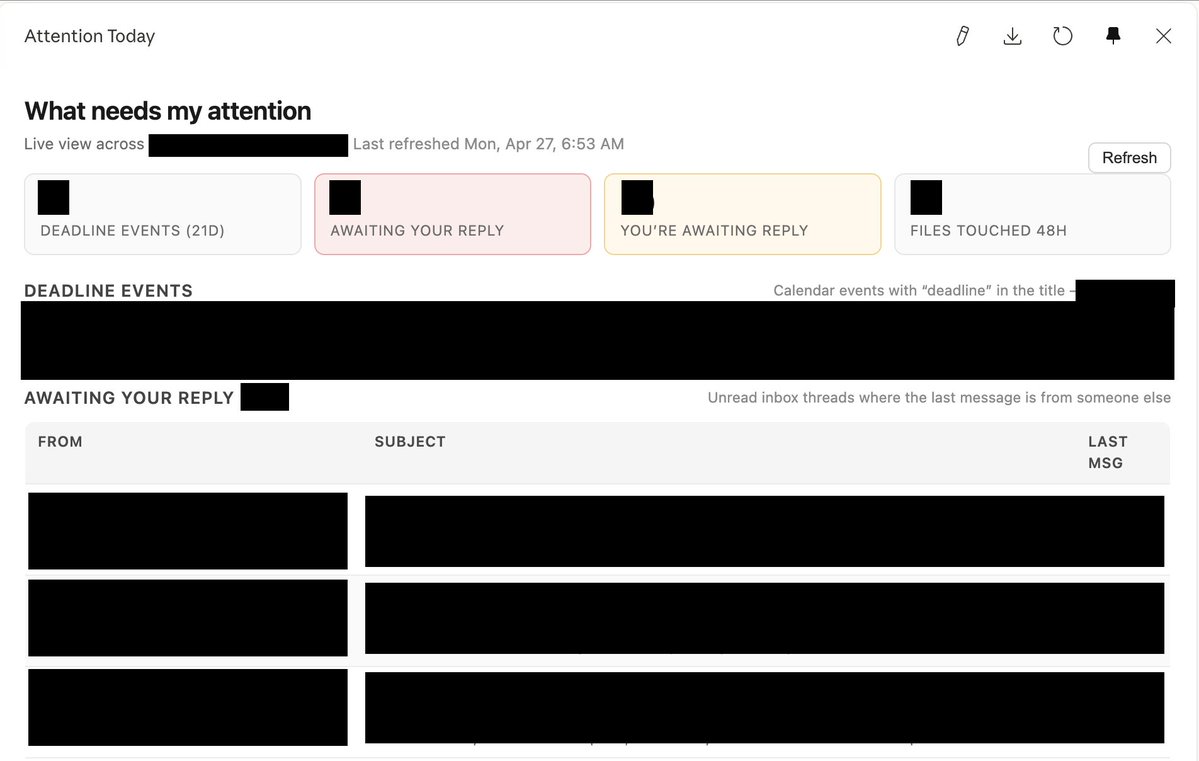bradleybclark's tweet image. Example of a #Claude live artifact for upcoming deadlines, emails awaiting a reply from me, emails I sent and am waiting on a response, and files I worked on in the last 48 hours. 

#LegalAI #LegalTech