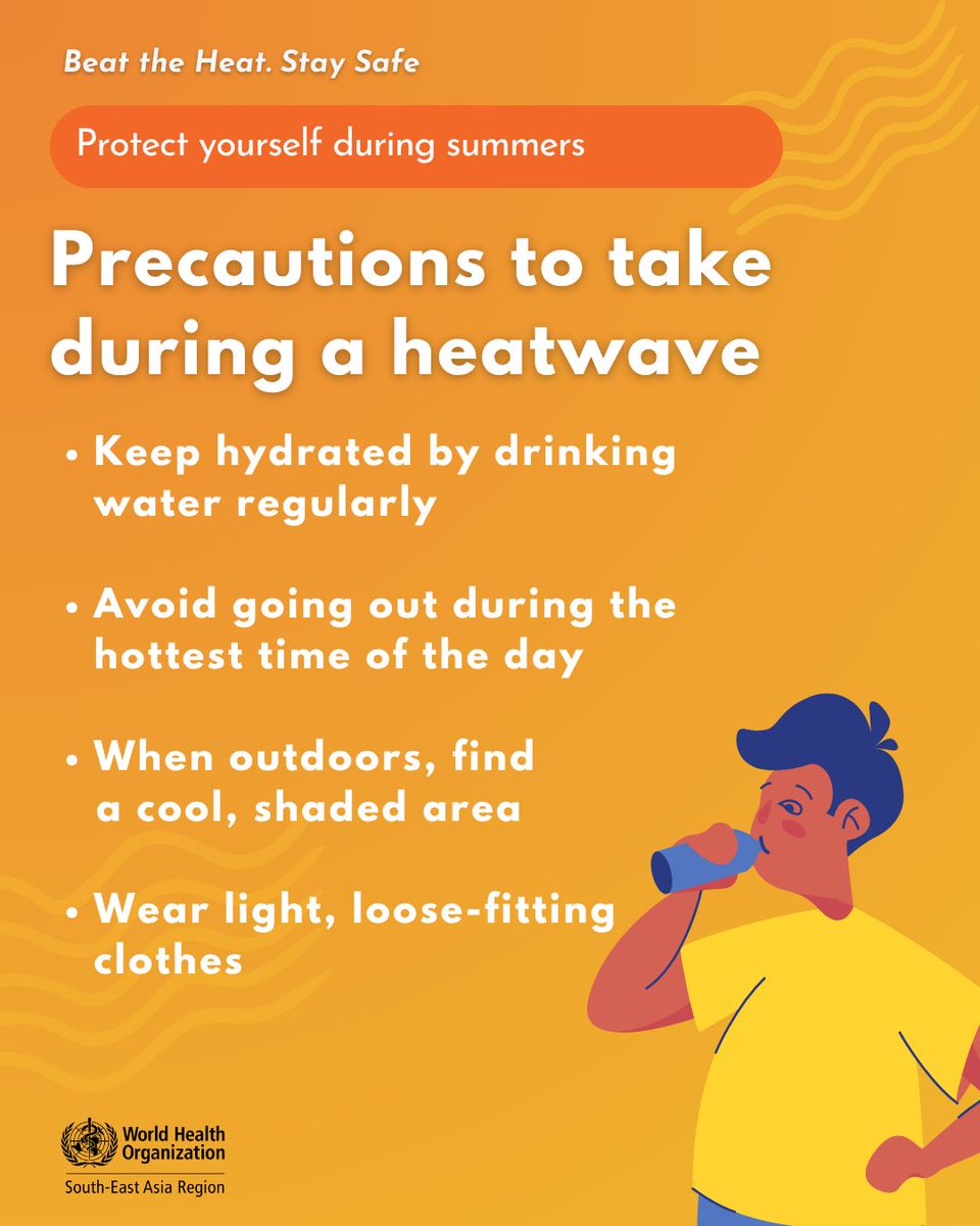 WHOSEARO's tweet photo. Beat the heat. Stay safe. ☀️

Heatwaves can take a serious toll on your health. Take these simple steps and protect yourself and your loved ones.

💧 Drink water regularly
🕒 Avoid going out during the hottest hours
🌳 Seek shade and stay cool when outdoors
👕 Wear light, loose-fitting clothing

Stay informed. Stay hydrated. Stay safe.

#Heatwave #StaySafe #BeatTheHeat #HealthForAll