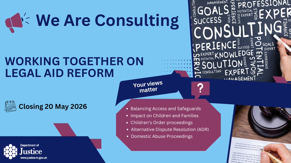 Justice_NI's tweet photo. We are seeking your views, insights &amp; perspectives!

Legal aid in NI exists to help those who cannot afford their own legal help, advice or representation to access justice.

.@Justice_NI is working to ensure it's delivering to those who need it.

More➡️: https://t.co/o2OZeRUCIZ https://t.co/v6zMl67ysz