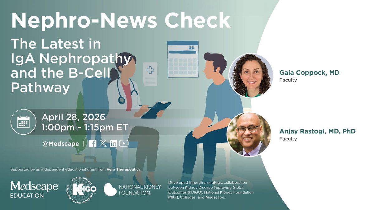 MedscapeNurses's tweet image. Watch LIVE Tomorrow! ➡️ youtube.com/watch?v=pl_SMh… 

Refine your approach to IgA Nephropathy. Our experts, Drs. Coppock and Rastogi, share critical insights on B-cell-driven mechanisms and integrating novel agents into your practice. 

#Nephrology #IgAN #CME