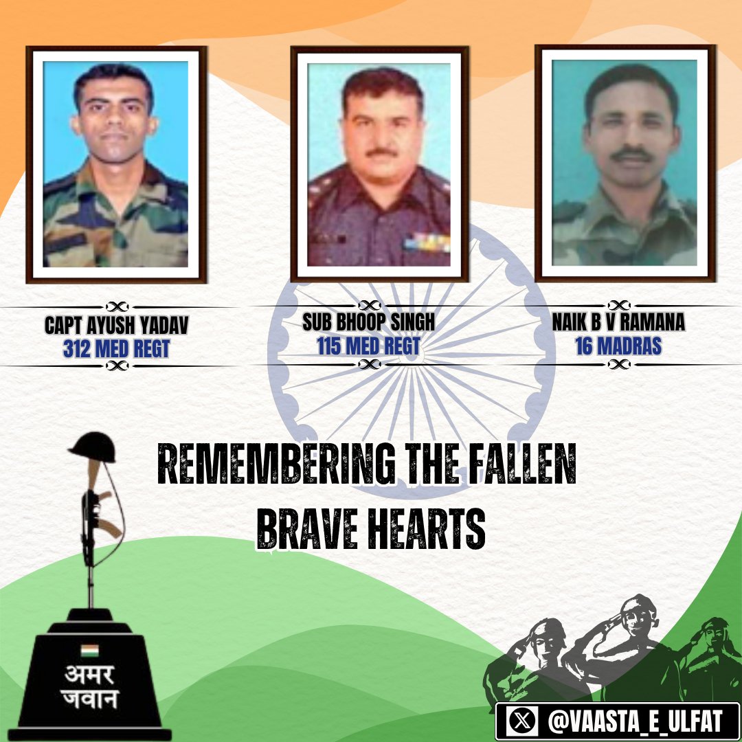 #OnThisDay, 27 Apr 2017, Capt Ayush Yadav, Sub Bhoop Singh &amp; Nk B V Ramana made the supreme sacrifice during a terrorist attack at an artillery unit in Panzgam, Kupwara, J&amp;K.

We salute their courage, dedication &amp; unwavering service to the nation.

#IndianArmy #Salute #nolimit