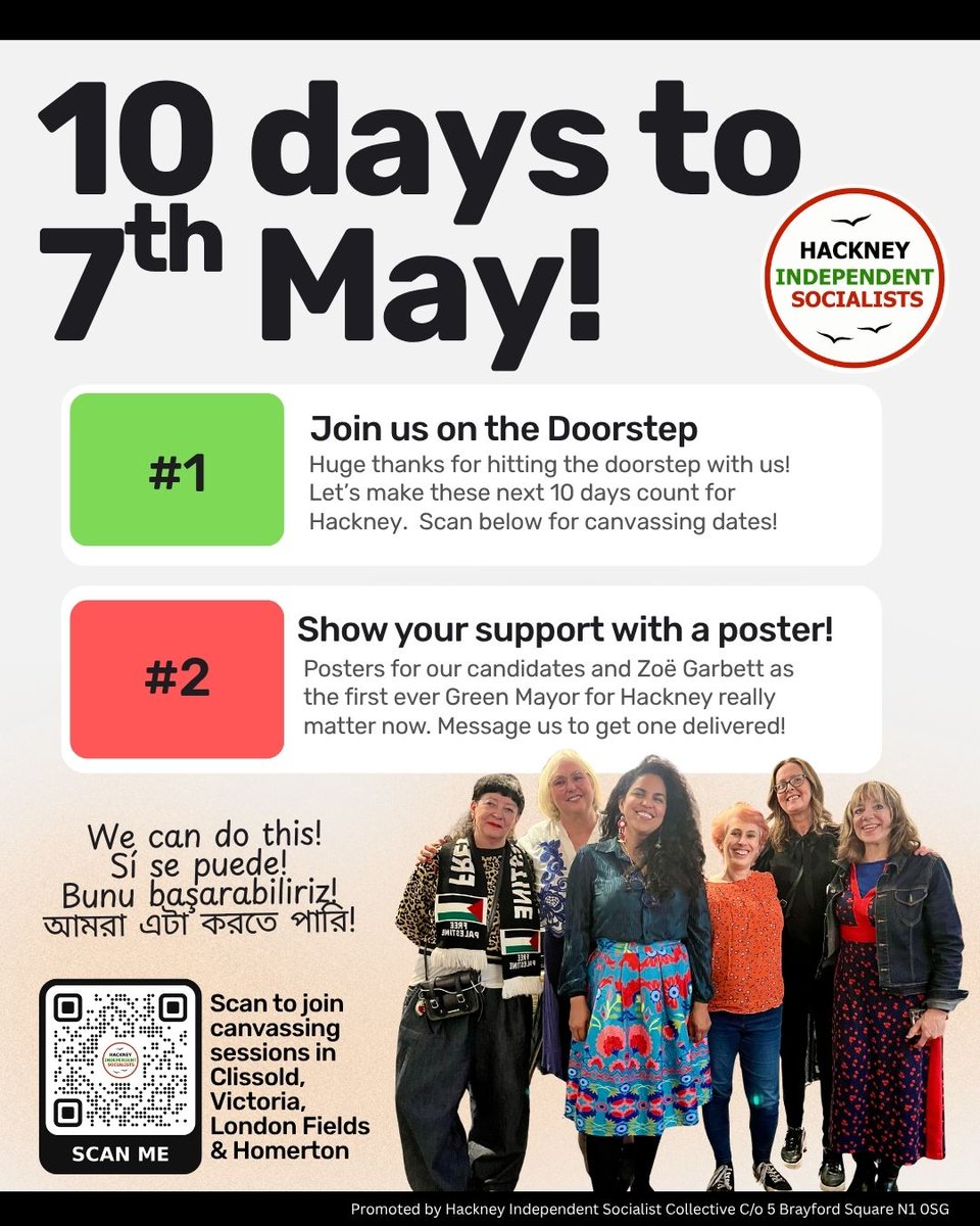 HackneyIndSG's tweet image. 10 days until 7th May 🗳️
Out on the doorstep, powered by our community.
Want to help? Join a session or get a poster up—every bit counts. 
We can do this! 💚❤️🗳️
#Hackney