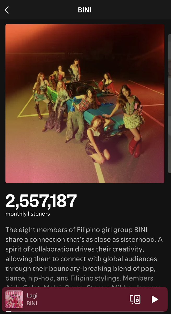 Late update but BINI gains 22K+ listeners on Spotify to close in on 2.6M MLs anew. 

It’s the 16th straight increase for BINI after the historic debut in #Coachella2026 and #SignalsEP release. 

Update will also be posted tonight. 
#BINI <a href="/BINI_ph/">BINI_PH</a>