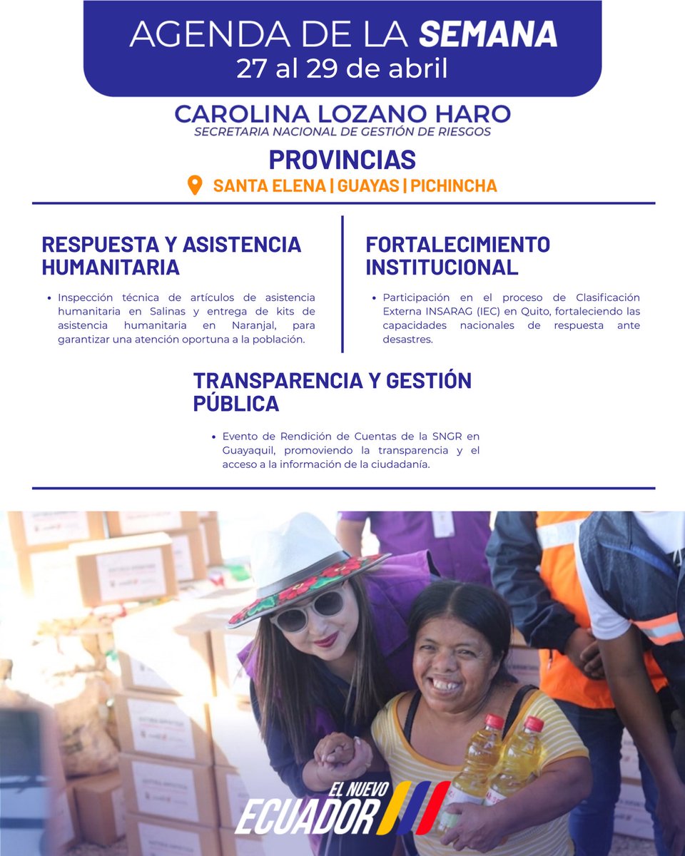 Riesgos_Ec's tweet photo. Agenda de la semana | 27 al 29 de abril 

Nuestro compromiso es estar presentes, con acciones concretas y atención permanente.🇪🇨 https://t.co/hfC6jzxB4e