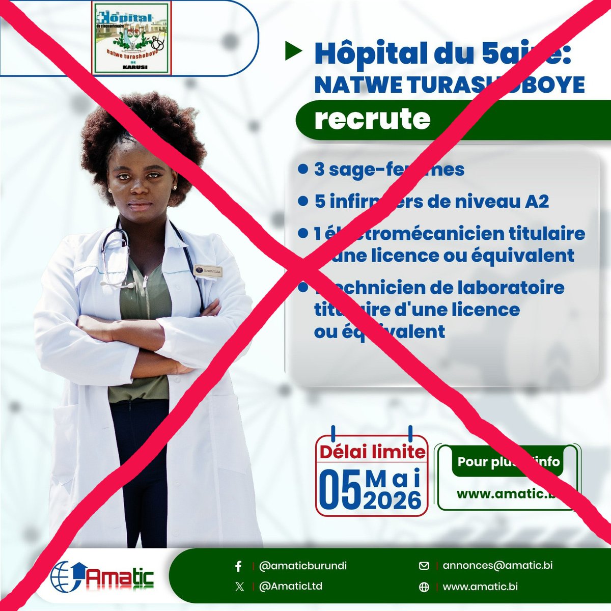 HKarusi's tweet photo. La Direction de l'hôpital du Cinquantenaire Natwe Turashoboye de Karusi porte à la connaissance du public en général et des chercheurs d'emploi en particulier, que pour son avis d'appel d'offre publié en date du 23/04/2026,il n'y a ni intermédiaire, ni mandataire. https://t.co/E6V1pPhwSK
