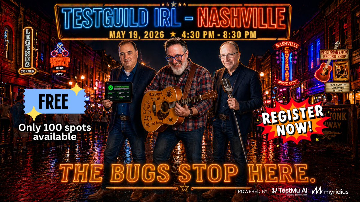joecolantonio's tweet image. TestGuild is heading to Nashville 🤠🎸 boots on, guitars tuned, and we’re bringing real #AITesting, smarter #QA workflows, and strategies you can use next sprint to ship faster without breaking quality. Only 100 spots available 👉 testguild.com/irl/nashville-…  #SoftwareTesting