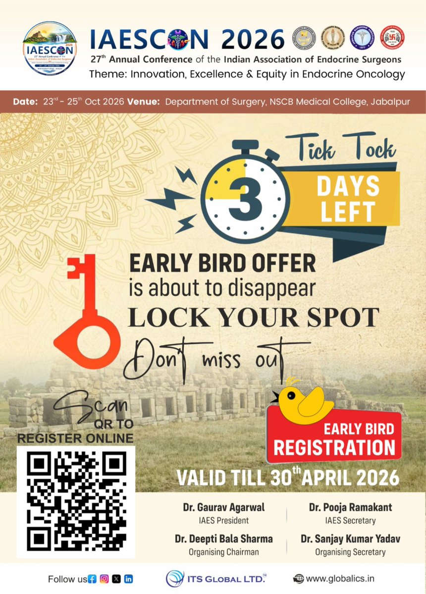 Iaescon2026's tweet image. 3 Days to Go ⏳
Early Bird Registration is closing soon!
Don’t miss your chance to grab the best deal.

Secure your spot before it’s gone! 🎟️

#EarlyBird #LastChance #RegisterNow