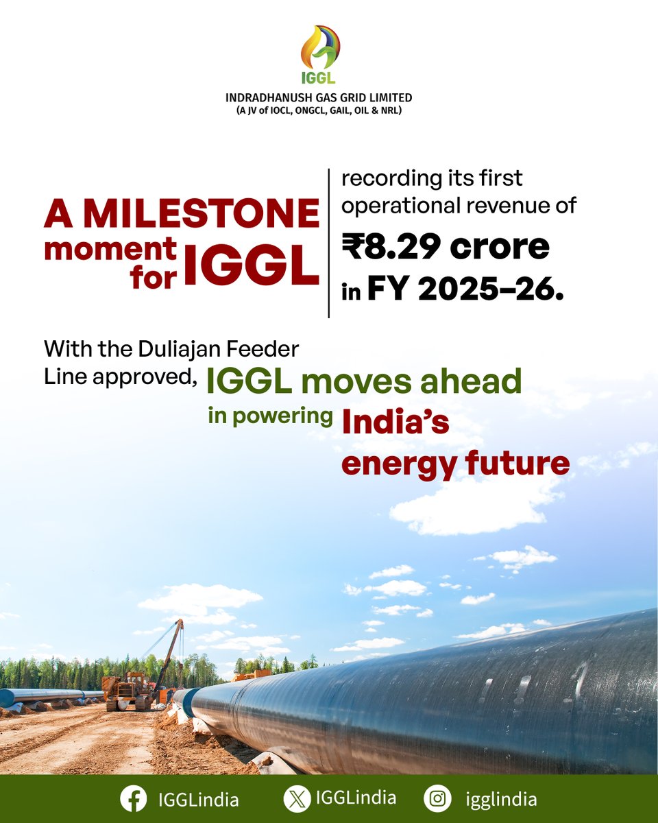 IGGLindia's tweet image. IGGL reports its first operational revenue of ₹8.29 crore for FY 2025–26—a key milestone.

With the Duliajan Feeder Line approved, growth moves forward.

#IGGL #Milestone #RevenueGrowth #NortheastGasGrid #Infrastructure