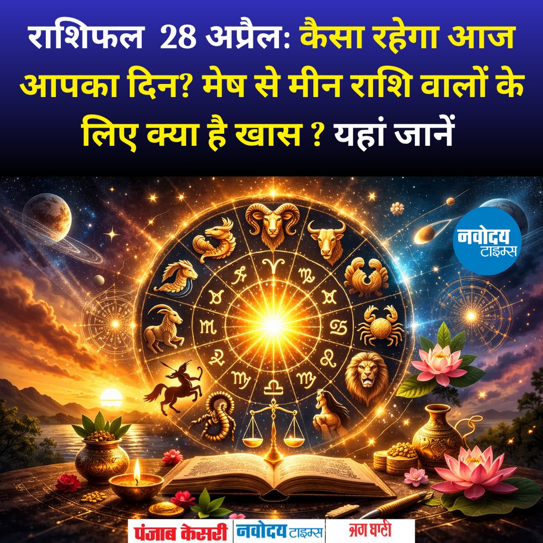 navodayatimes13's tweet image. Rashifal: 28 अप्रैल का दिन मेष राशि से लेकर मीन राशि वालों के लिए कैसा रहेगा? यहां जानिए 

navodayatimes.in/news/dharm/hor…

#Rashifal #HoroscopeToday #ZodiacSigns #Astrology #DailyHoroscope #28April2026 #AstroPredictions #HoroscopeUpdate #RashiBhavishya