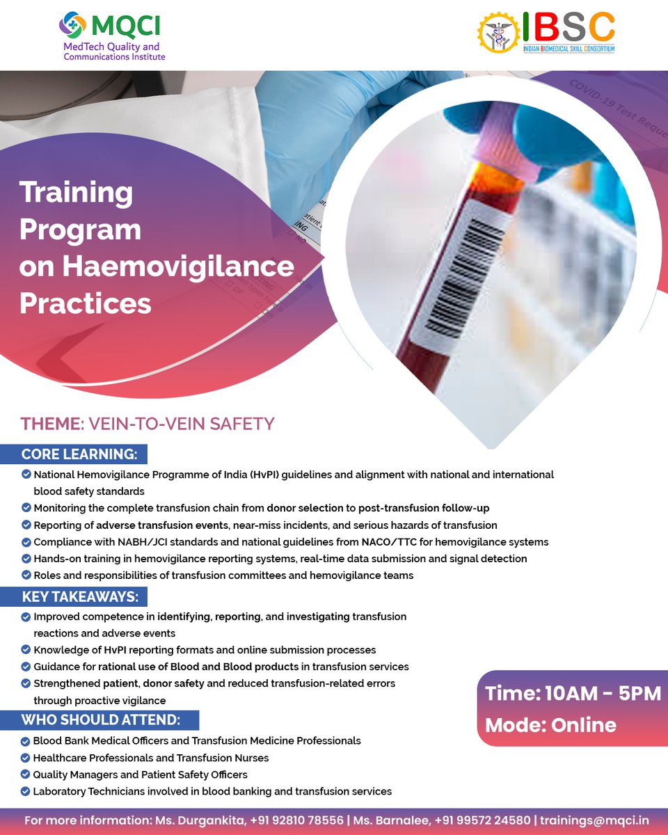 MQCI_info's tweet photo. 🔰Want to ensure safe #blood #transfusions from donor to #patient?

🔰Join the @mqci_info #training program on #Haemovigilance Practices &amp; master vein-to-vein monitoring in #transfusion services.

📅 16 May 2026

🔗 https://t.co/pN7gNxdDMh

#Haemovigilance #TransfusionSafety https://t.co/riRg8Fv0mS