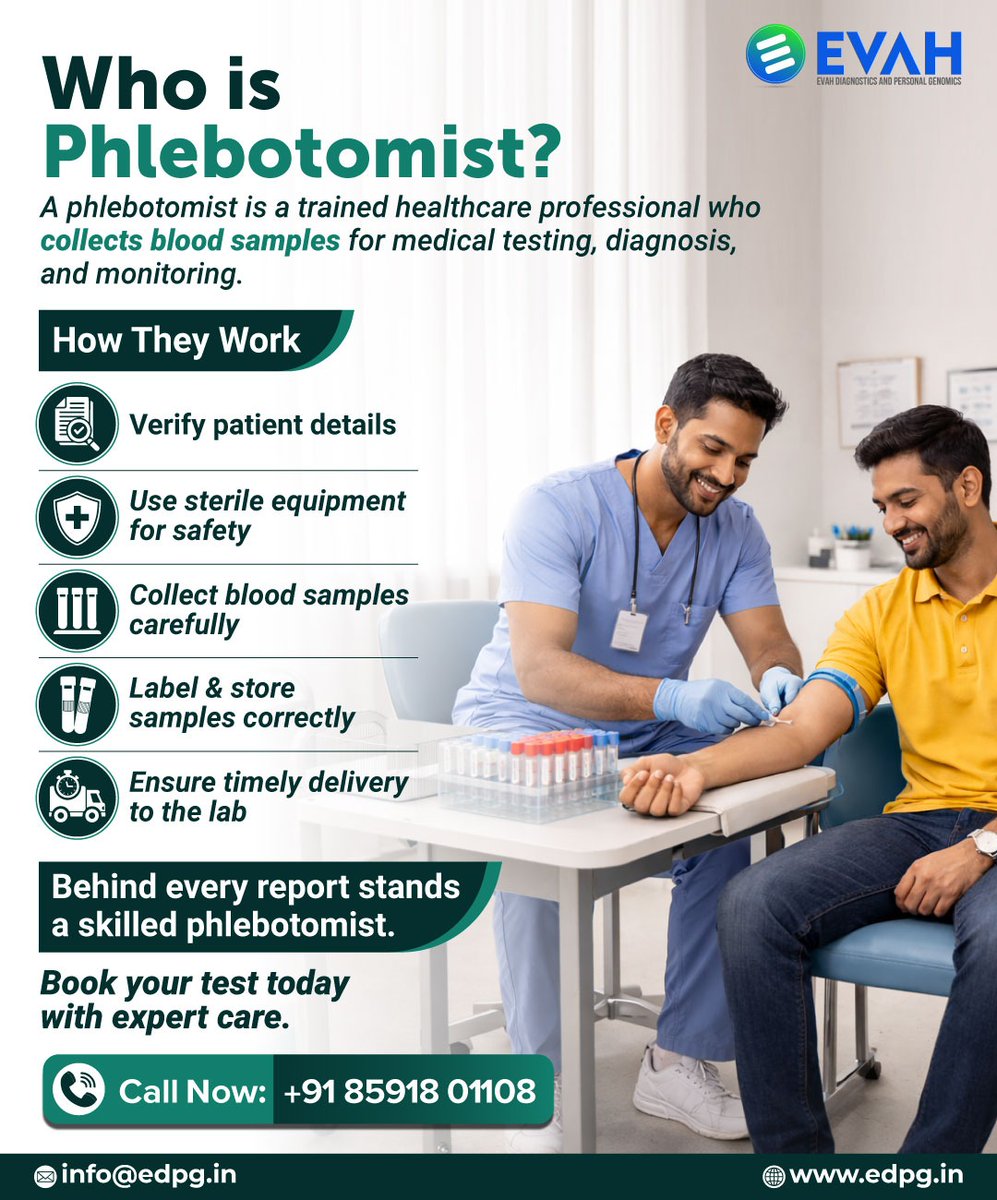 EvahDiagnostics's tweet image. Behind every accurate diagnosis is a skilled phlebotomist ensuring safe and precise sample collection.

Call  at 8591801108 or edpg.in

#Phlebotomist #BloodTest #Healthcare #DiagnosticCare #EVAH