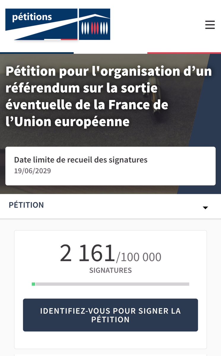 JeanNmarre11's tweet image. Ça c'est fait ✅️

#Pétition pour l'#organisation d’un #référendum sur la #sortie éventuelle de la #France de l’#UnionEuropéenne

Lien à #partager un #maximum 

petitions.assemblee-nationale.fr/initiatives/i-…