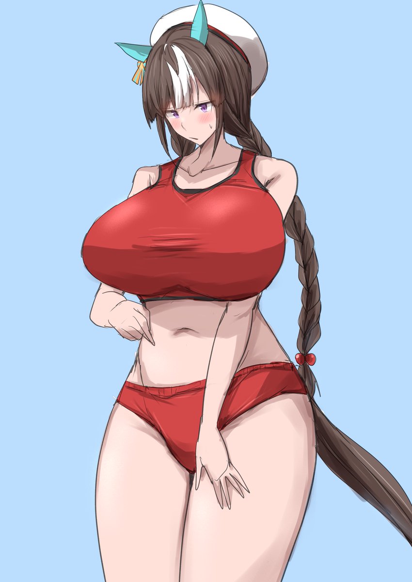 お題のブルマタイプの陸上のセパレートユニフォームを着た恥ずかしそうにしているタルマエちゃんです。 