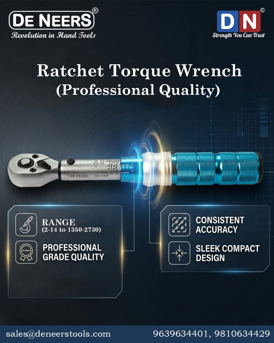 DeNeersTools's tweet image. Engineered for accuracy and built for professionals the ratchet torque wrench that delivers controlled power with every turn.
🌐 deneerstools.com⁠�
📞 +91 9639634401
📧 sales@deneerstools.com
#TorqueWrench #ProfessionalTools #PrecisionTools #MechanicalWork #HandTools