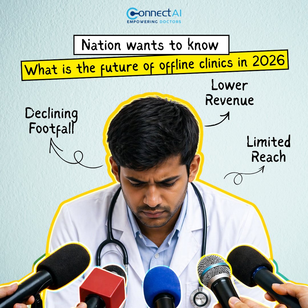 ConnectAI2023's tweet image. Offline clinics are struggling — declining footfall, lower revenue &amp;amp; limited reach. It's time to go digital or get left behind. 💡🏥
#ConnectAI #EmpoweringDoctors #FutureOfHealthcare #OfflineClinic #DigitalClinic #DoctorsOfIndia #HealthcareChallenge #GrowWithConnectAI