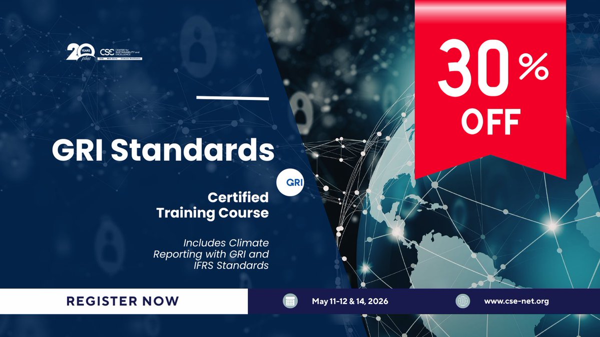 CSE_network's tweet image. GRI is the global standard for sustainability reporting.

Are you ready to apply it in practice?

⏳ 30% offer ends April 30
🎓 Certified training
📊 Real case studies

Secure your spot: eventbrite.com/e/global-gri-c…

#CSE #GRI #ESG #Sustainability