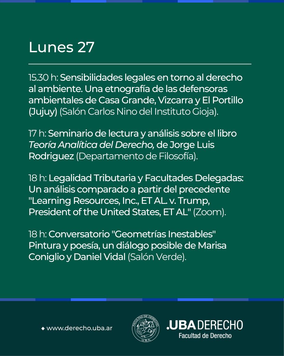DerechoUBA's tweet image. 📢 HOY en la Facultad 📅 27/4/26 ➡ derecho.uba.ar/agenda/

#Agenda #ActividadesAcadémicas #Charlas #Conferencias #Congresos #Conversatorios #Cursos #Seminarios #Talleres