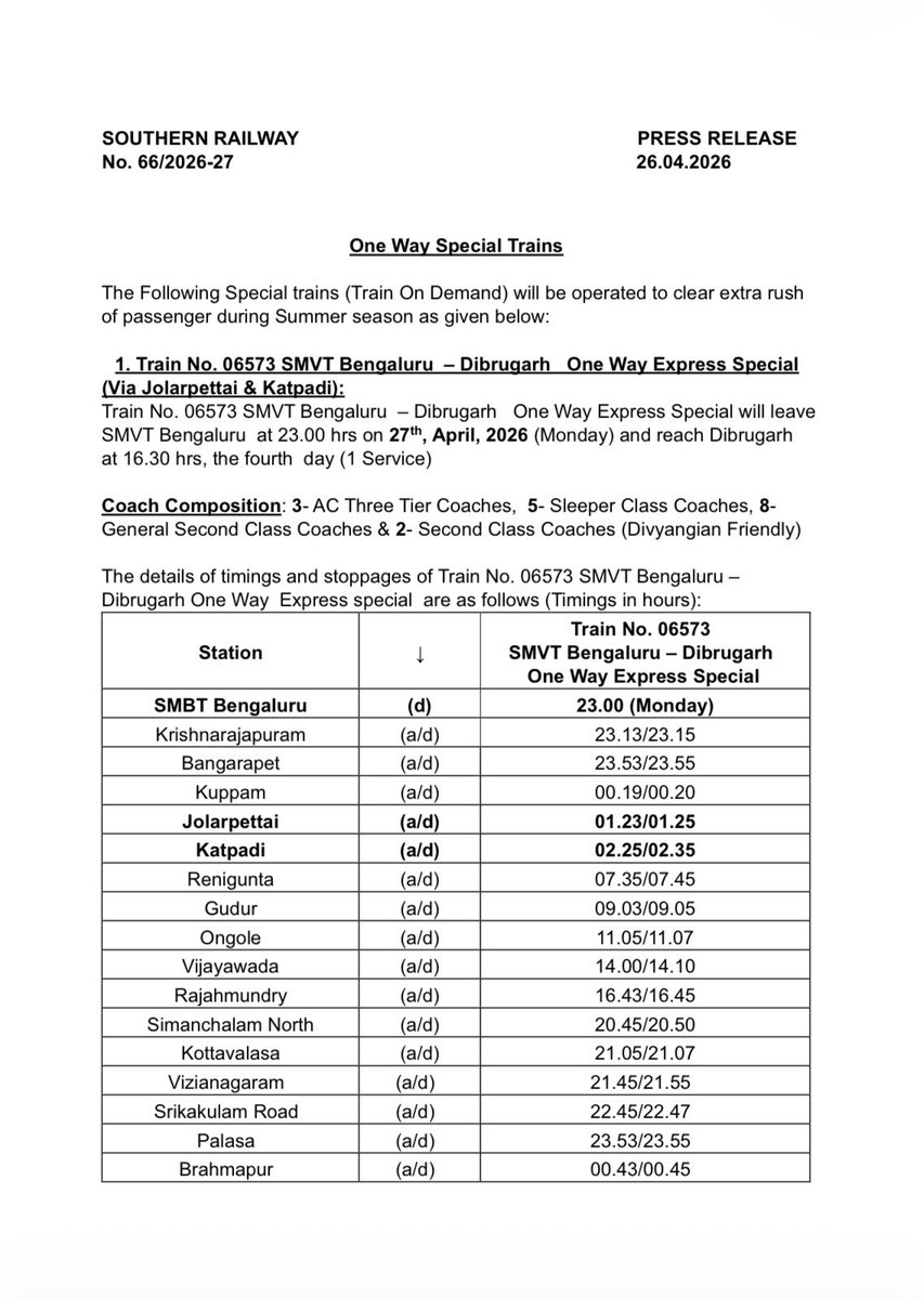 GMSRailway's tweet image. One Way Special Trains!

The Following Special trains (Train On Demand) will be operated to clear extra rush of passenger during Summer season

#Summer #SouthernRailway