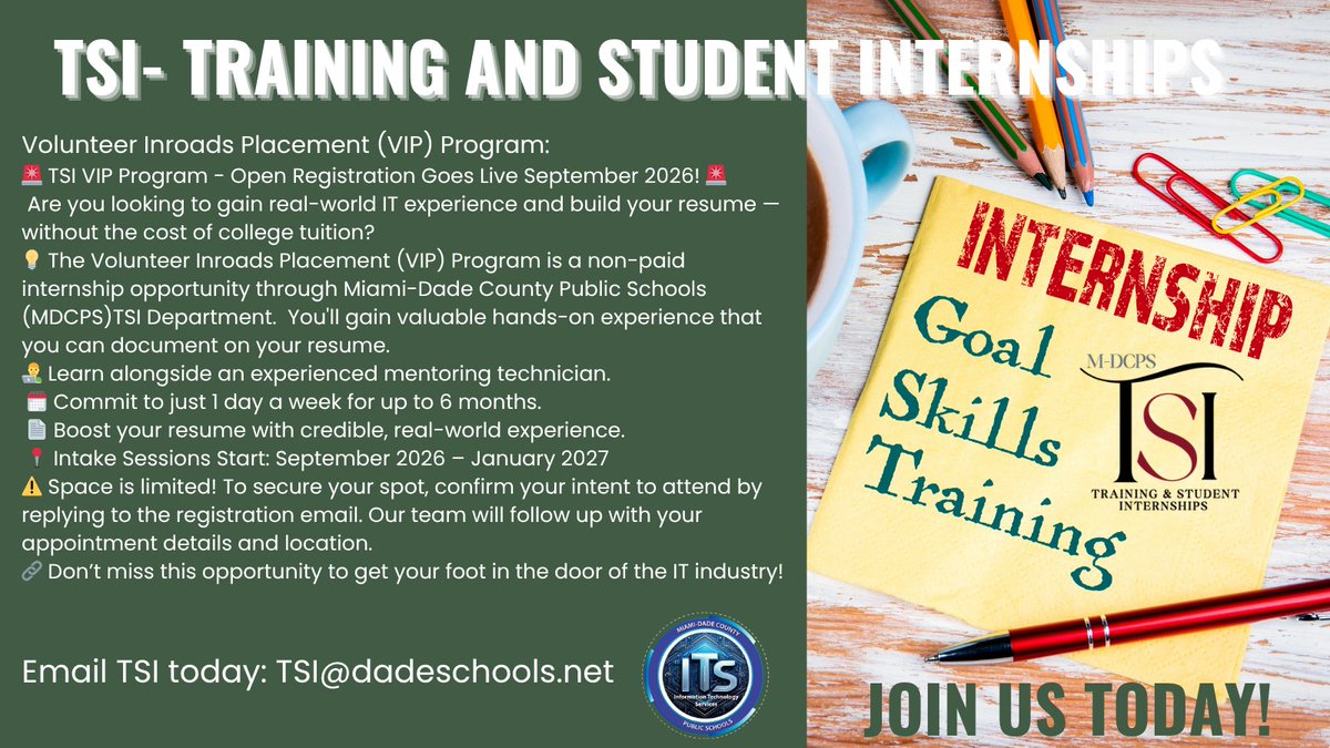 tsimdcps's tweet photo. 🚀 Ready to level up your future?
Join us for the VIP Internship Program and gain hands-on experience, build real-world skills, and connect with industry professionals. This is your chance to learn, grow, and get ahead!D✨
#VIPInternship #CareerReady #ITSLeads https://t.co/nZSvH2W6Ve