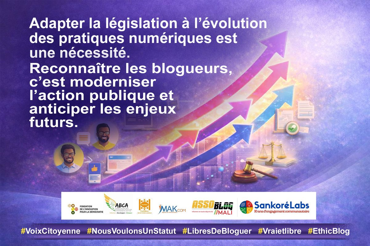 AssoBlogMali's tweet photo. Adapter la législation à l’évolution des pratiques numériques est une nécessité. Reconnaître les blogueurs, c’est moderniser l’action publique et anticiper les enjeux futurs.

  #VoixCitoyenne
  #NousVoulonsUnStatut
  #LibresDeBloguer
  #Vraietlibre
  #EthicBlog https://t.co/uvZZxhwcQm
