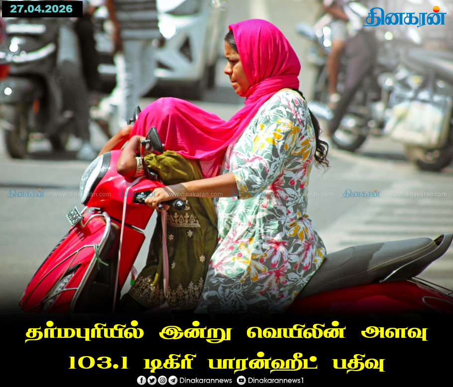 DinakaranNews's tweet image. தர்மபுரியில்  இன்று வெயிலின் அளவு 103.1 டிகிரி பாரன்ஹீட் பதிவு.

#temperature #Dharmapuri #Fahrenheit #DinakaranNews