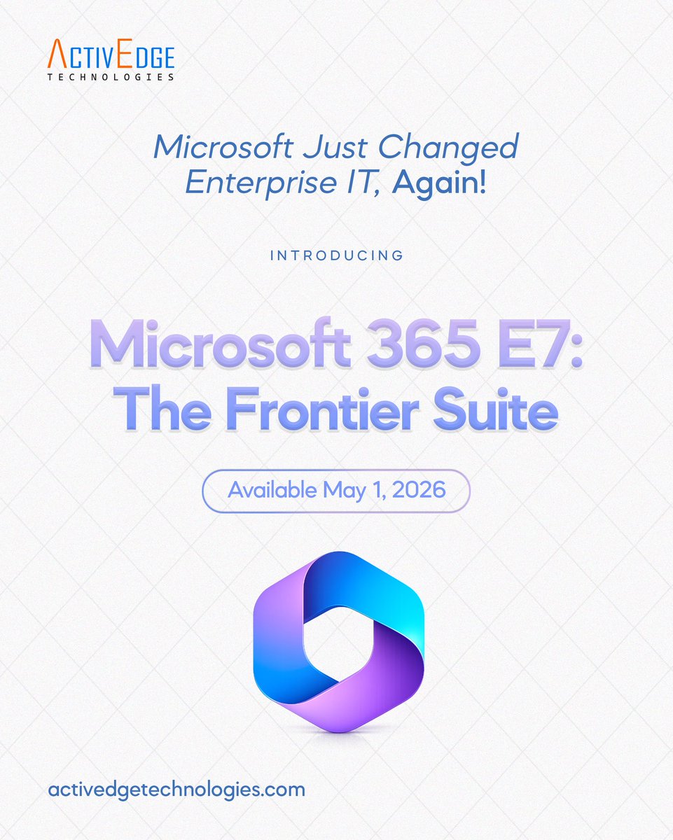 ActivEdgeNG's tweet image. Enterprise IT enters a new era.

Introducing Microsoft 365 E7: The Frontier Suite combining productivity, AI, security &amp;amp; identity at enterprise scale in one solution.

AI that doesn’t just assist, but acts.

Available May 1, 2026.

#ActivEdgeTech #Microsoft365E7 #EnterpriseIT #AI