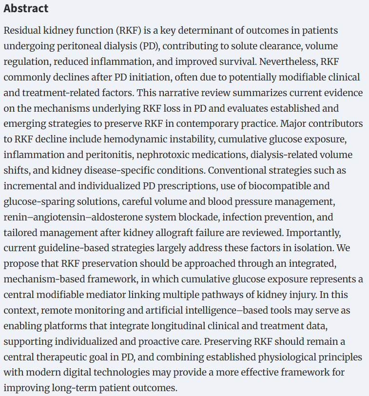 CKJsocial's tweet image. Preserving Residual Kidney Function in Peritoneal Dialysis: 

From Conventional Approaches to Contemporary Practice

📖doi.org/10.1093/ckj/sf…