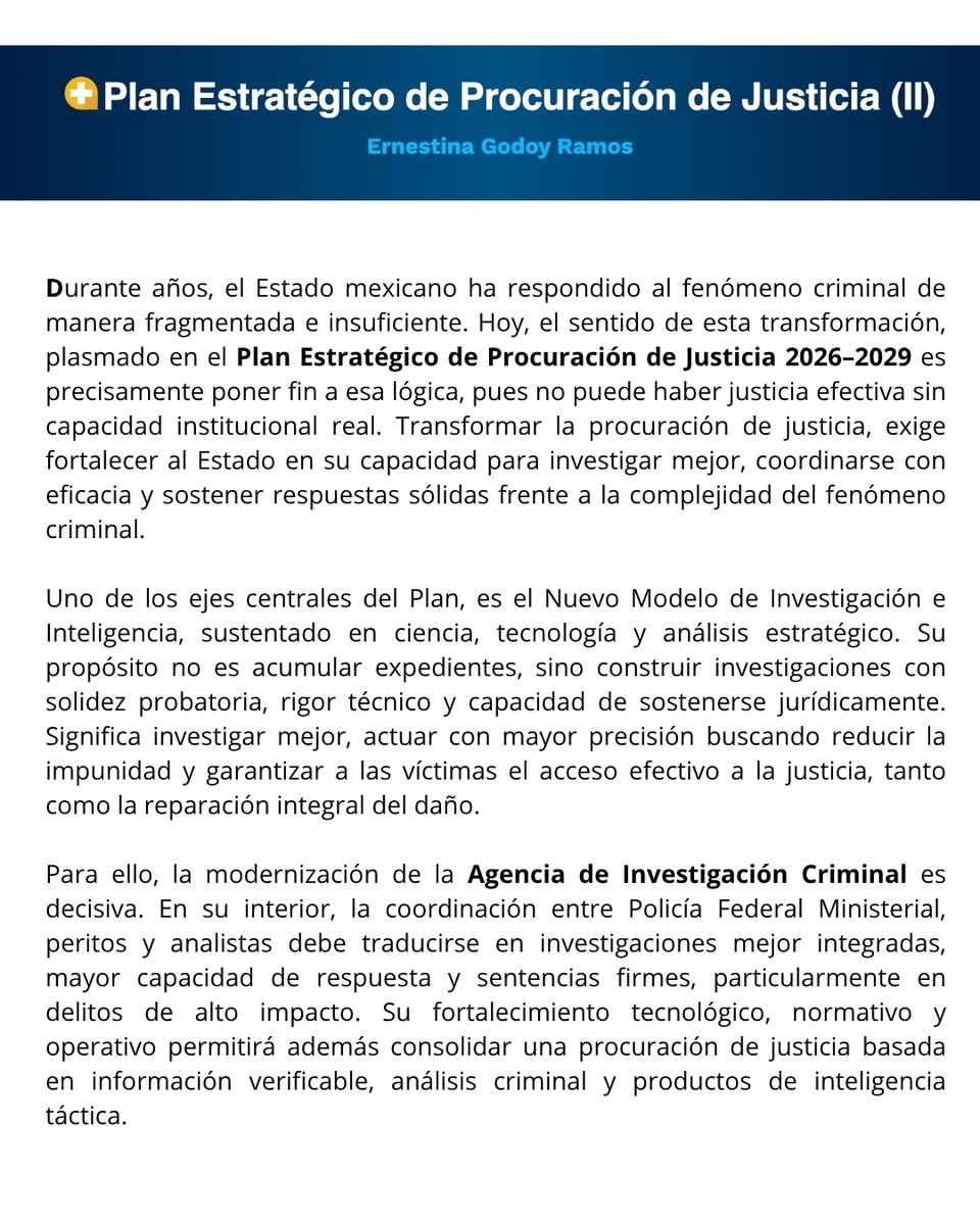 ErnestinaGodoy_'s tweet photo. Continuando con un desglose de todo lo que implica el Plan Estratégico de Procuración de Justicia 2026–2029 de la @FGRMexico, en mi columna de esta semana, hablo sobre el Nuevo Modelo de Investigación e Inteligencia, la modernización de la Agencia de Investigación Criminal y la consolidación del Órgano de Desarrollo Institucional y Servicio Profesional de Carrera.
Comparto la lectura con ustedes. 🔗 https://t.co/eyEALgUeaH