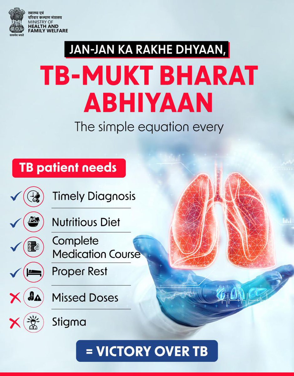 Timely action. Proper care. Zero stigma.

Under the TB-Mukt Bharat Abhiyaan, defeating TB is possible when every patient gets the right support at the right time. From early diagnosis to completing the full treatment, each step matters.

Let’s ensure no doses are missed and no