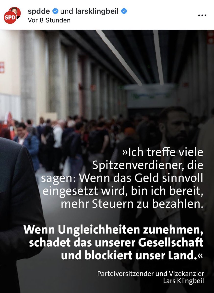 Jedem, der „gerne mehr Steuern zahlen würde“ kann ich helfen. 👇🏻

DE17 8600 0000 0086 0010 30, BIC: MARKDEF1860

Spendenkonto des Bundes. Besteuere dich selbst bis zu 100%. Sonst gehe ich davon aus, dass du es nicht gerne würdest.