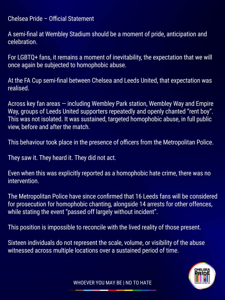 ChelseaPride_'s tweet photo. Chelsea Pride statement from Sunday’s FA match v Leeds. 

#NoToHate | #RetireTheChant. https://t.co/KfQucpjHAC