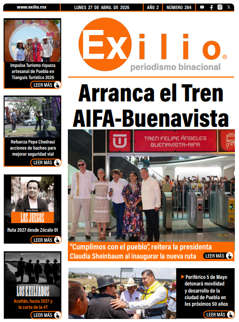 MxExilio's tweet photo. ¡Buenos días!  Te invitamos a leer,  nuestra #Portada interactiva del #Lunes  27 de abril.

🚅Arranca el Tren AIFA-Buenavista (@GobiernoMX)
🫶Periférico 5 de Mayo detonará movilidad y desarrollo de Puebla los próximos 50 años(@armentapuebla_)
🧳Impulsa Turismo  riqueza artesanal de Puebla en Tianguis Turístico 2026 (@Gob_Puebla)
👏Refuerza @pepechedrauimx  acciones de bacheo para mejorar seguridad vial en la capital
✍️ #Columnistas | @Alvaro_Rmz_V escribe: Ruta 2027 desde Zócalo 01
🗳️ #LosExiliados | Acatlán, hacia 2027 y la carta de la 4T

Descarga la portada 👉  https://t.co/jfCwjOuoIf