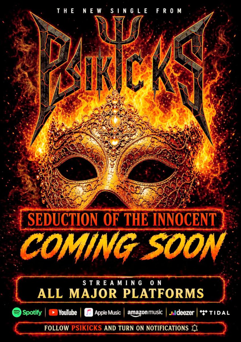 Psikicks_Band's tweet photo. A new chapter is about to begin. 🔥

Get ready for "Seduction of the Innocent". The explosive lead single from our forthcoming second album is about to invade the streaming services and your devices!🎸🎧💻📲

We are turning up the volume louder and pushing the boundaries. The transmission is coming soon. Watch this space for more information.

Are you ready for the new era? 🤘

#Psikicks #SeductionOfTheInnocent #HardRock #NewMusicComingSoon #RockAndRoll #GuitarRiffs #RockBand #NextChapter #ComingSoon #Metal #Rock #HardRockRevival