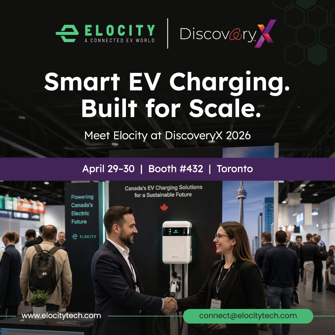 elocitytech's tweet image. We’re exhibiting at #DiscoveryX2026 ⚡

Smart, scalable EV charging for real-world impact — from multi-res to fleets &amp;amp; public infrastructure.

📍 Booth #432 | Toronto
📅 April 29–30
Let’s connect.
#EVCharging #CleanTech #Elocity #MadeInCanada